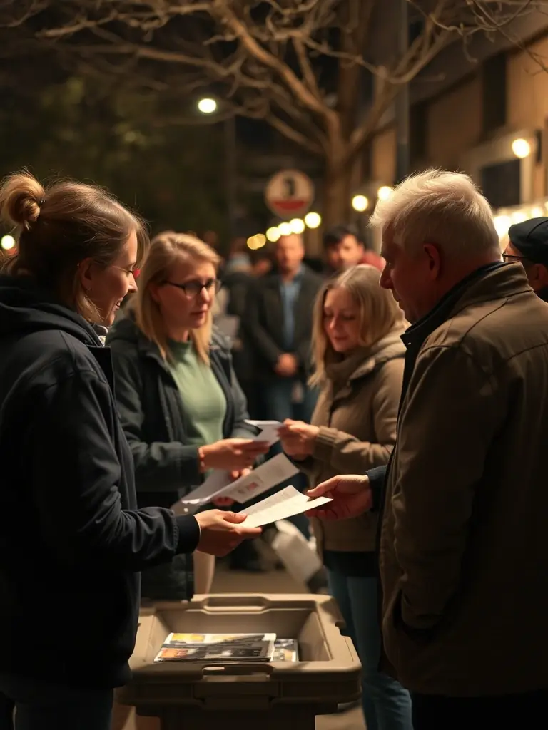 A photograph capturing a community outreach event organized by Oblivion Asso, showing volunteers interacting with local residents and promoting ÖBLIVÏON's music.